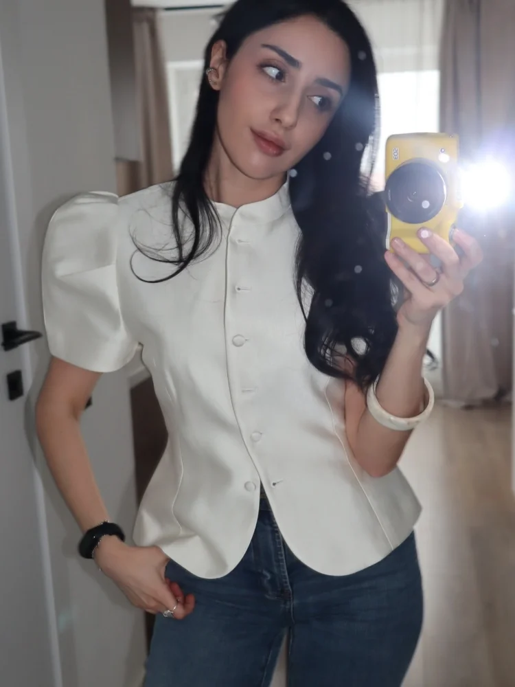 

Short Puff Sleeve Shirt Stand Collar Elegant Single Breasted Cropped Top Street Chic for Women Spring Summer