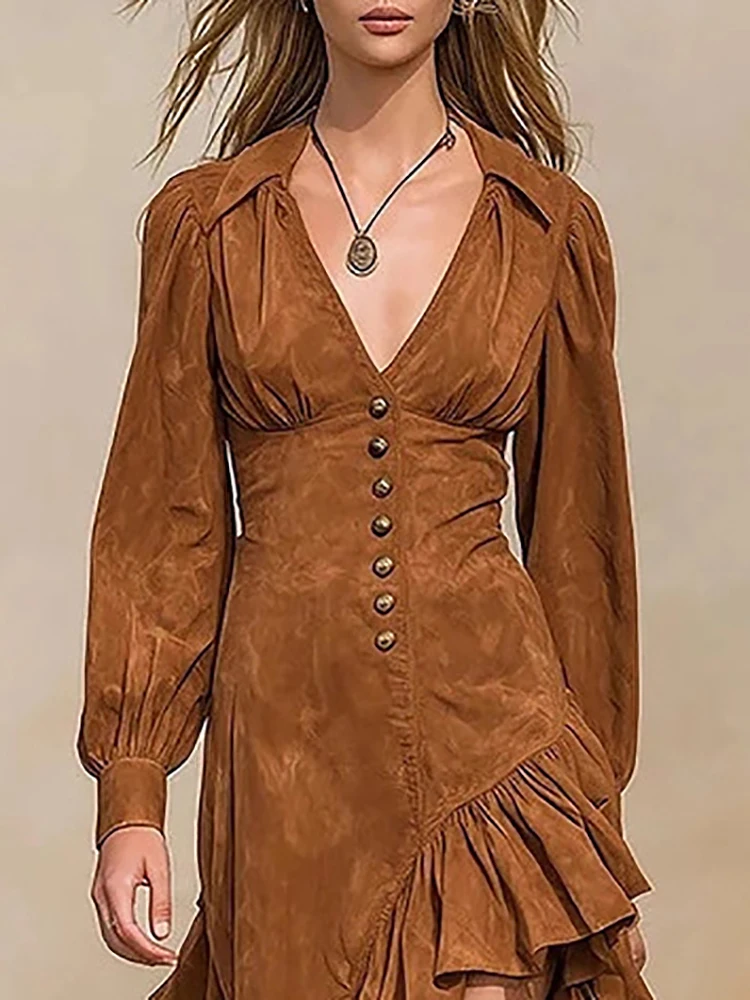 

Women's Vintage Suede Fishtail Dress Lapel Sexy Deep V-Neck Button Slim Elegant Dress Chic Long Sleeve High Street Midi Dresses