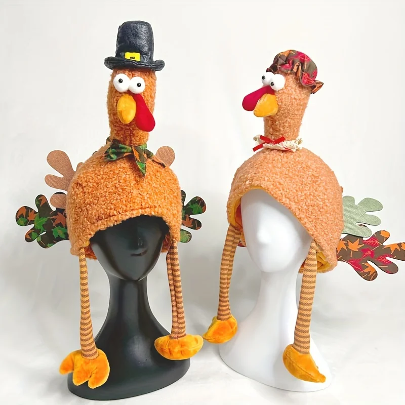 

Thanksgiving Plush Turkey Hat Set - Pilgrim (Male) & Bonnet (Female) Designs, Funny Holiday Party Costumes