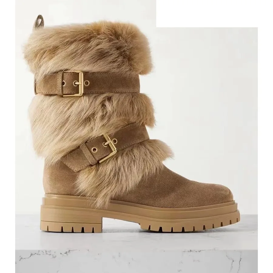 Fur Round Toe Belt Buckle Mid-Calf Winter Women Boots Chunky Middle Heels Buckle Strap Design Large Size Cosplay Lolita Shoes