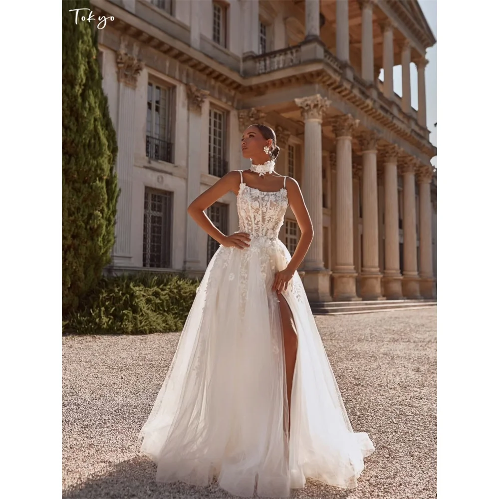 Tokyo Customized Spaghetti Strap High Side Split 3D Floral Lace Wedding dress Evening dress Tulle A-Line Elegant Bridal Dresses