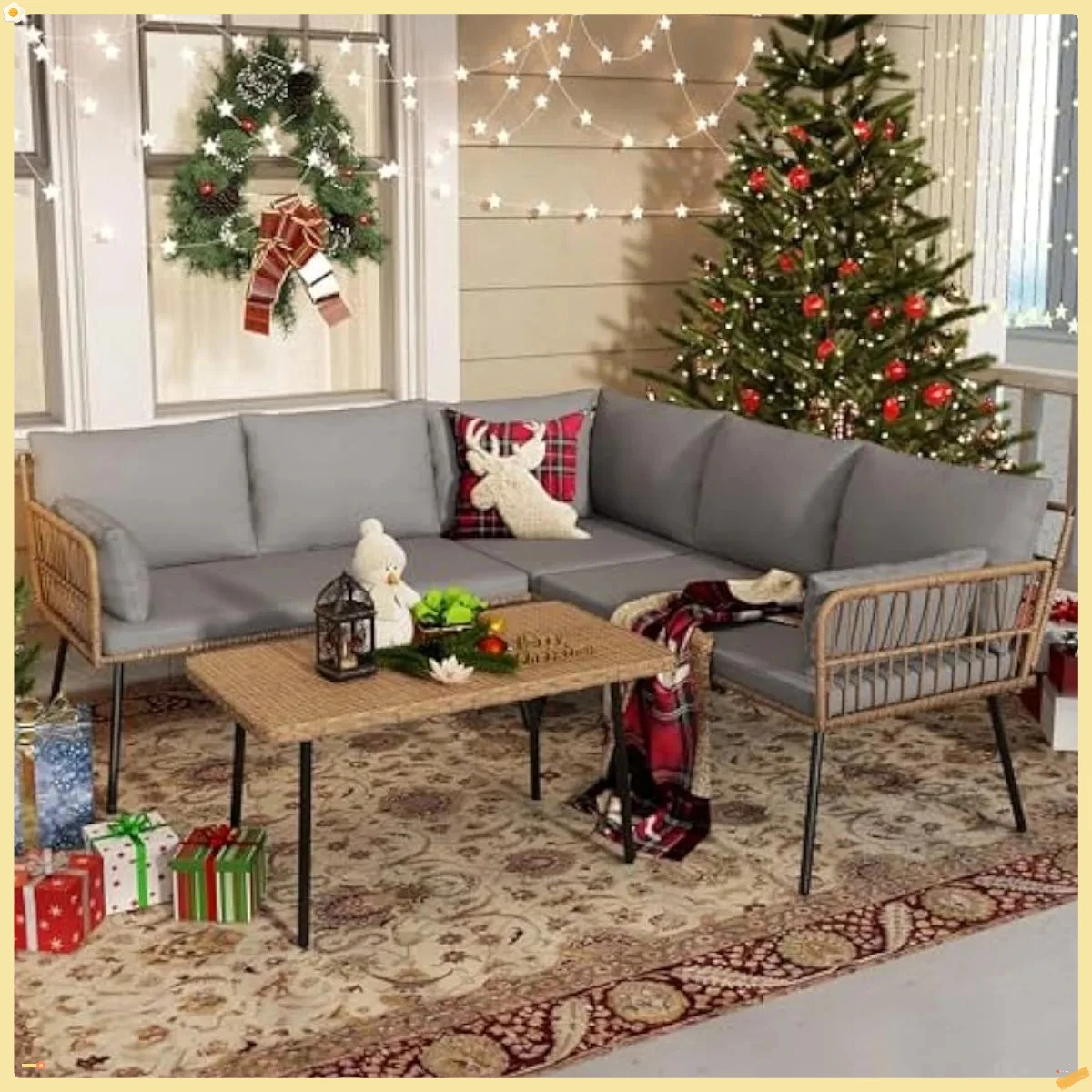 طقم أثاث للفناء مكون من 4 قطع، أريكة مقطعية على شكل حرف L للمحادثة الخارجية مع 5 مقاعد للفناء الخلفي والشرفة