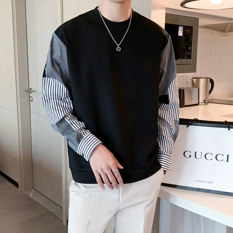 Spring Autumn Round Neck Long Sleeve Patchwork Striped Pullovers Men's Clothing Fake Two Piece Korean Bottoming Shirt Loose Tops