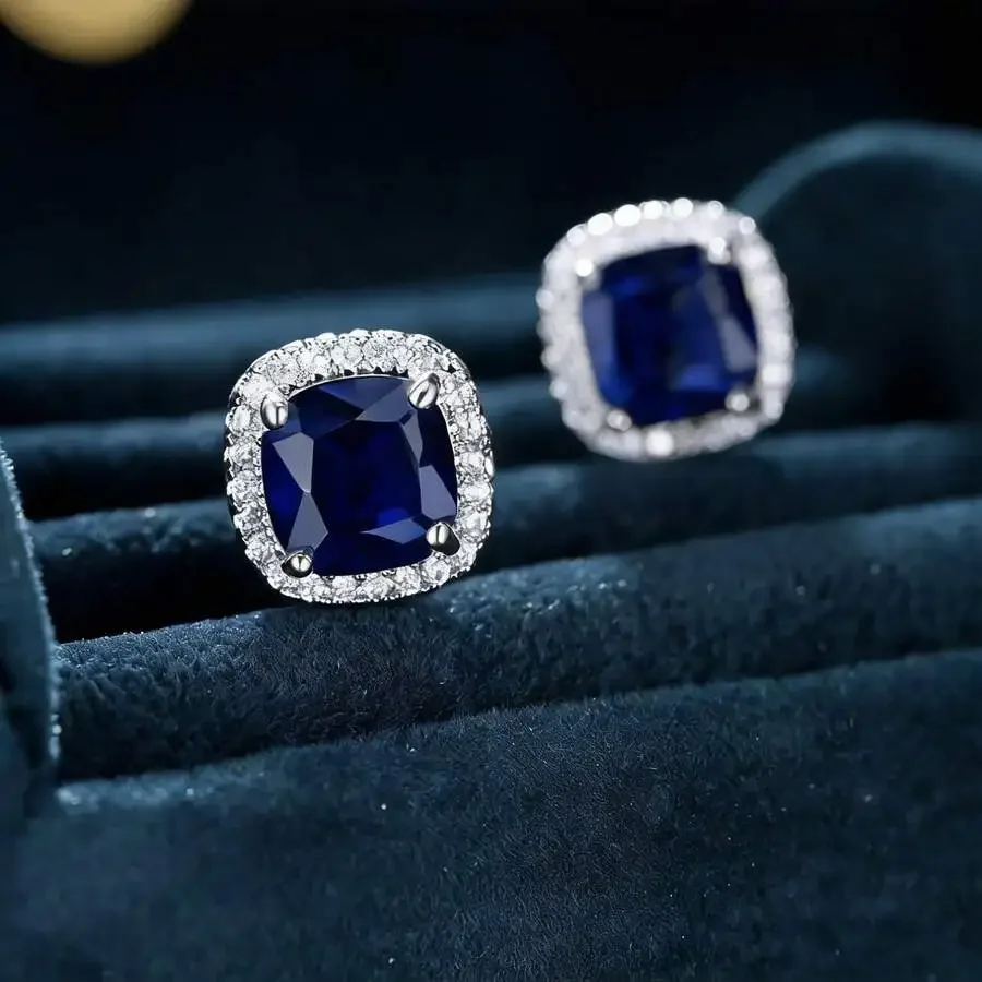 

2pcs Blue Princess Cut Cubic Zirconia Stud Earrings For Women Wedding Jewelry