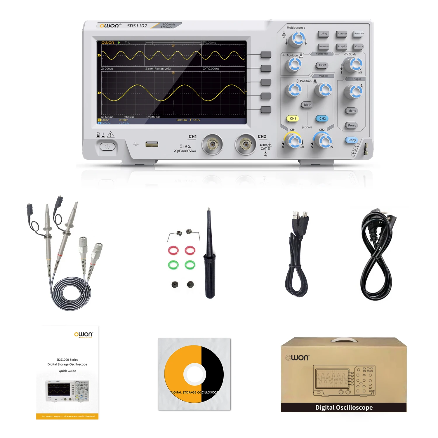 OWON HDS241 Oscilloscopio portatile a canale singolo,3 in 1 larghezza di banda 40MHz,multimetri a 1 canale,24000 conteggi con USB tipo C ( oscilloscopio+multimetro+generatore da 100kHz