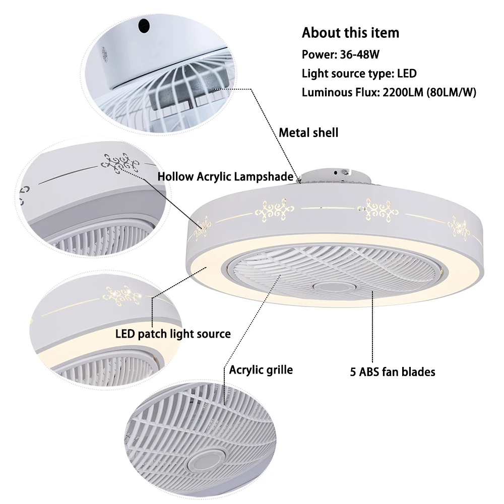 3-Color Dimmable Modern Ceiling Fan with Light LED Invisible Sealing Fan Lamp Remote Flush Mount Home Decor with Remote