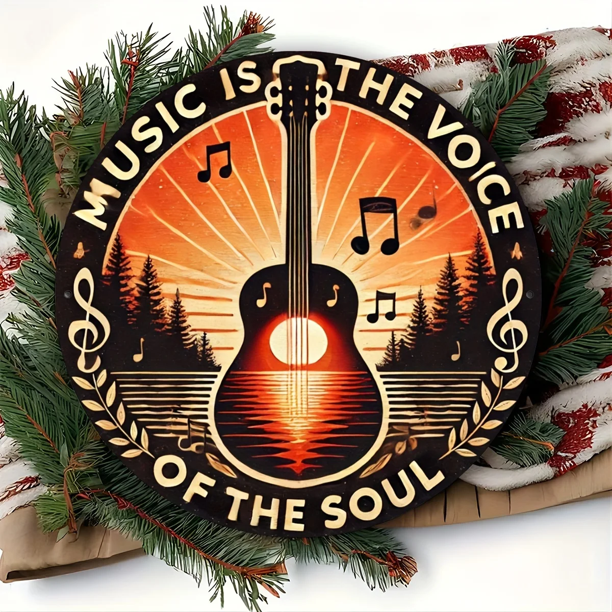 1pc Vintage Style Aluminum Round Sign, Sunset Guitar Music Canvas Art, Multi-Language Magic Symbols, Rustic Multipurpose Home De