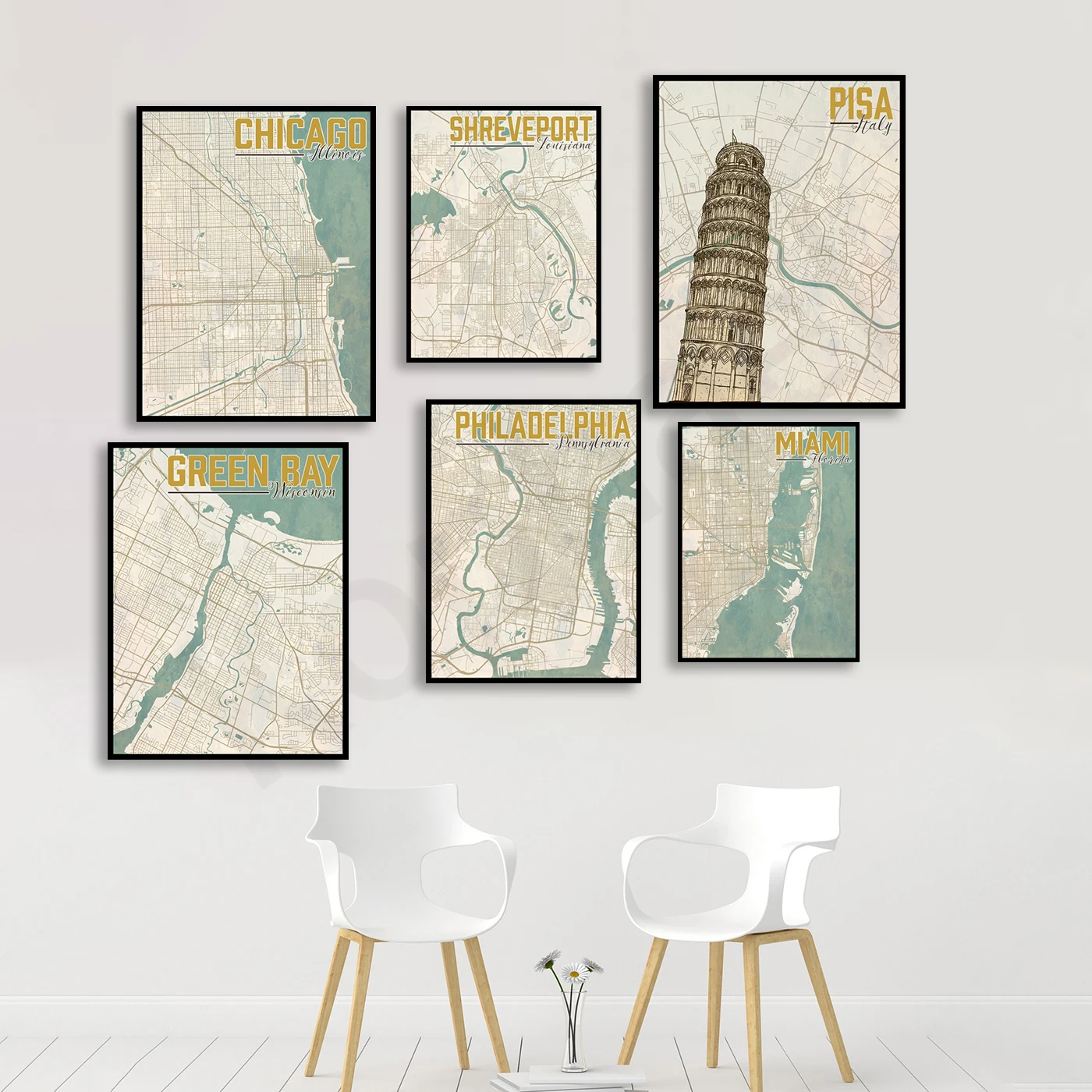 Miami Florence Philadelphia Green Bay Shreveport Pisa Chicago Los Angeles. City Travel Map Poster