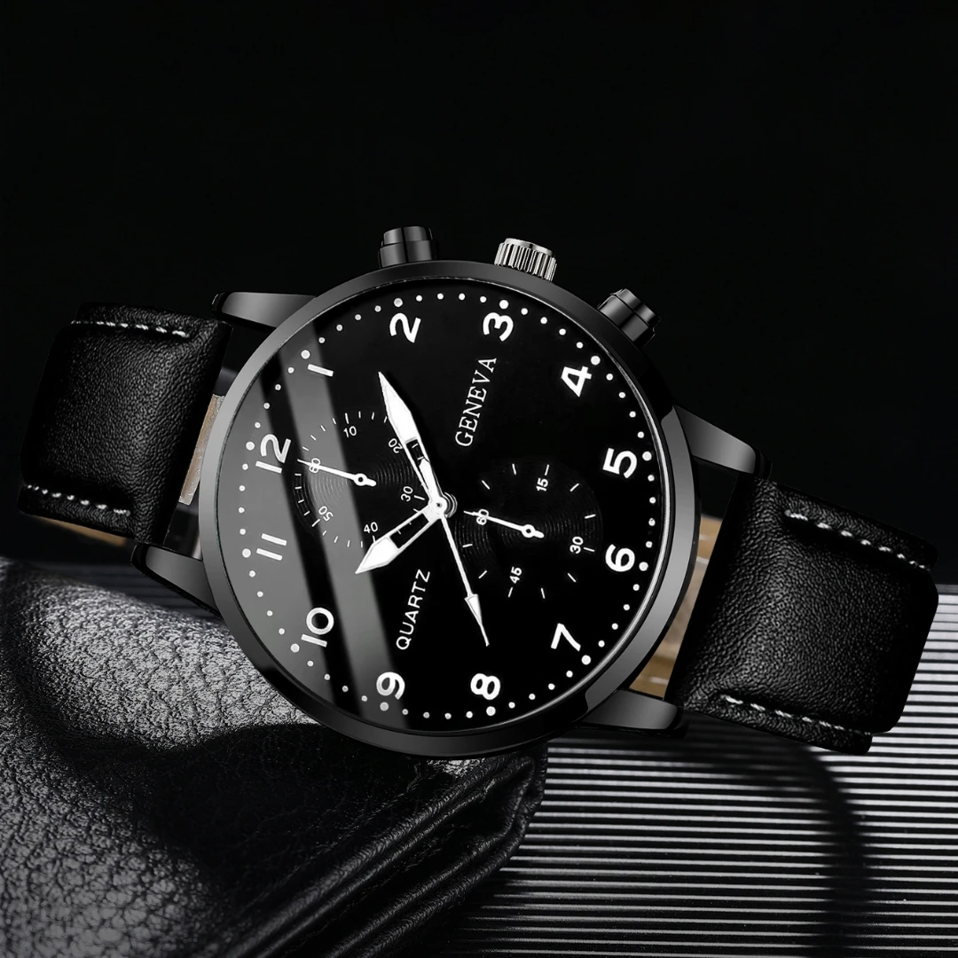 5PCS/Set Men\'s Watch Fashion Arabic Dial Analog Quartz Watches Vintage Leather Bracelets Set(Without Box)