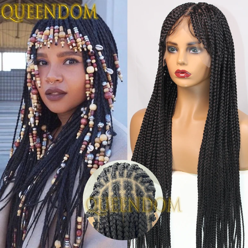 Full Lace Box Braids Wig Synthetic 32 Inch Distressed Handmade Crochet Braid Wig with Bangs Knotless Cornrow Plaits Braided Wig