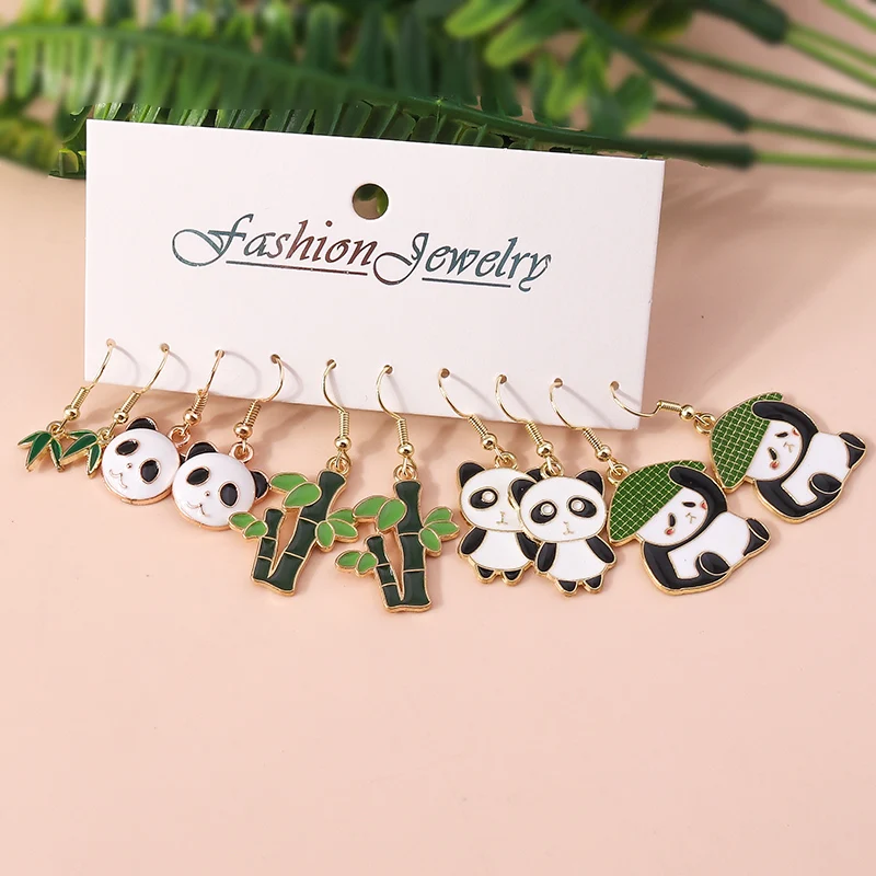 Aihua 5 Paar/Set Niedliche Ohrringe Sets Liebliche Emaille Kung Fu Panda Bambus Ohrringe für Frauen Geburtstagsparty Schmuck Geschenke – Detail 3