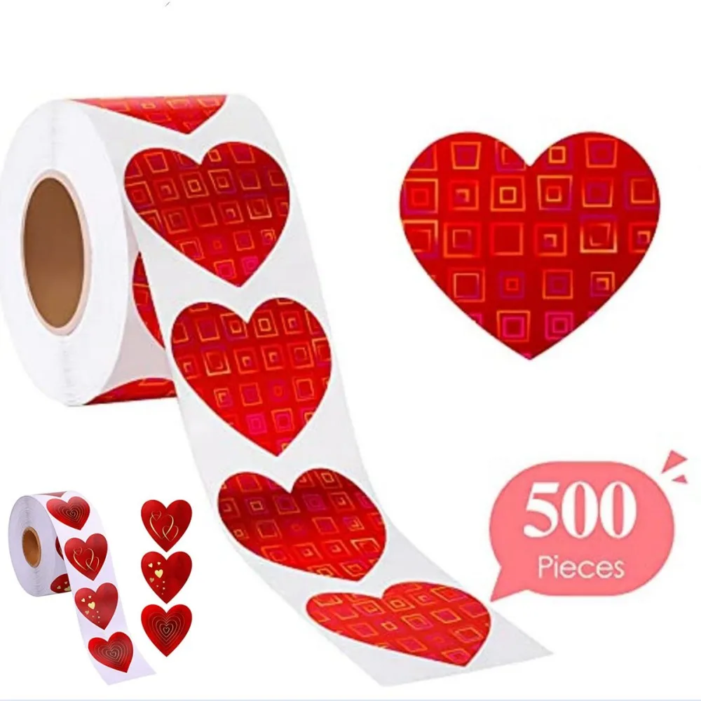 500pcs/Rolled Red Love Shaped Stickers 1inch 25mm Valentine'S Day Stickers With Glittering Patterns Gift Decoration Labels