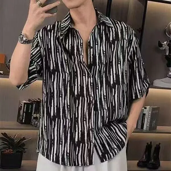 

Loose Fit Summer Men's Shirt Stripe Pattern Short Sleeve Island Style Casual Fashion Hong Kong Style Breathable Ice Silk Fabric