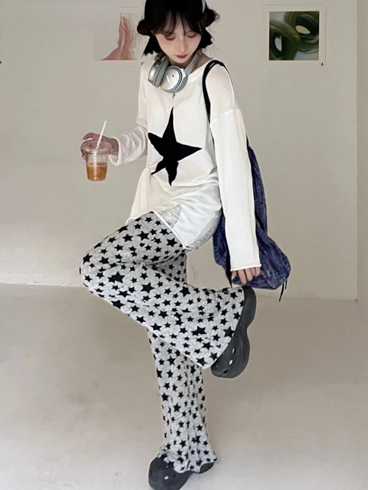 Y2k Aesthetic Grunge Stars Print Womans Pantalones Mujer Loose 2024 Harajuku Flare Pants Vintage Streetwear High Waist Trousers