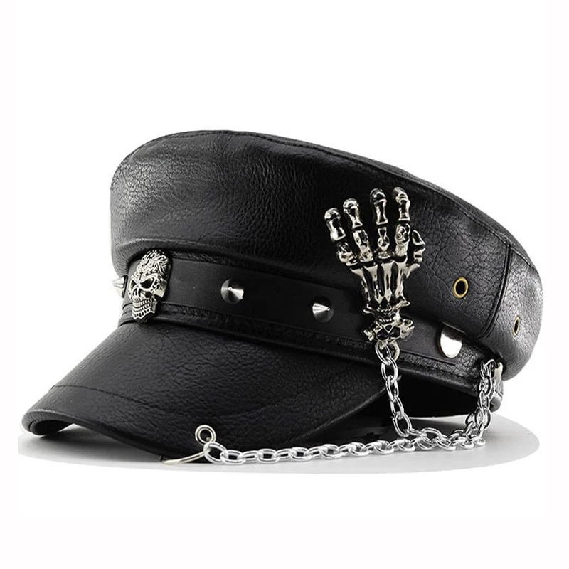 Fashion PU Leather Women Beret Punk Style Vintage Flat Top Military Caps  Outdoor Casual Army Cap