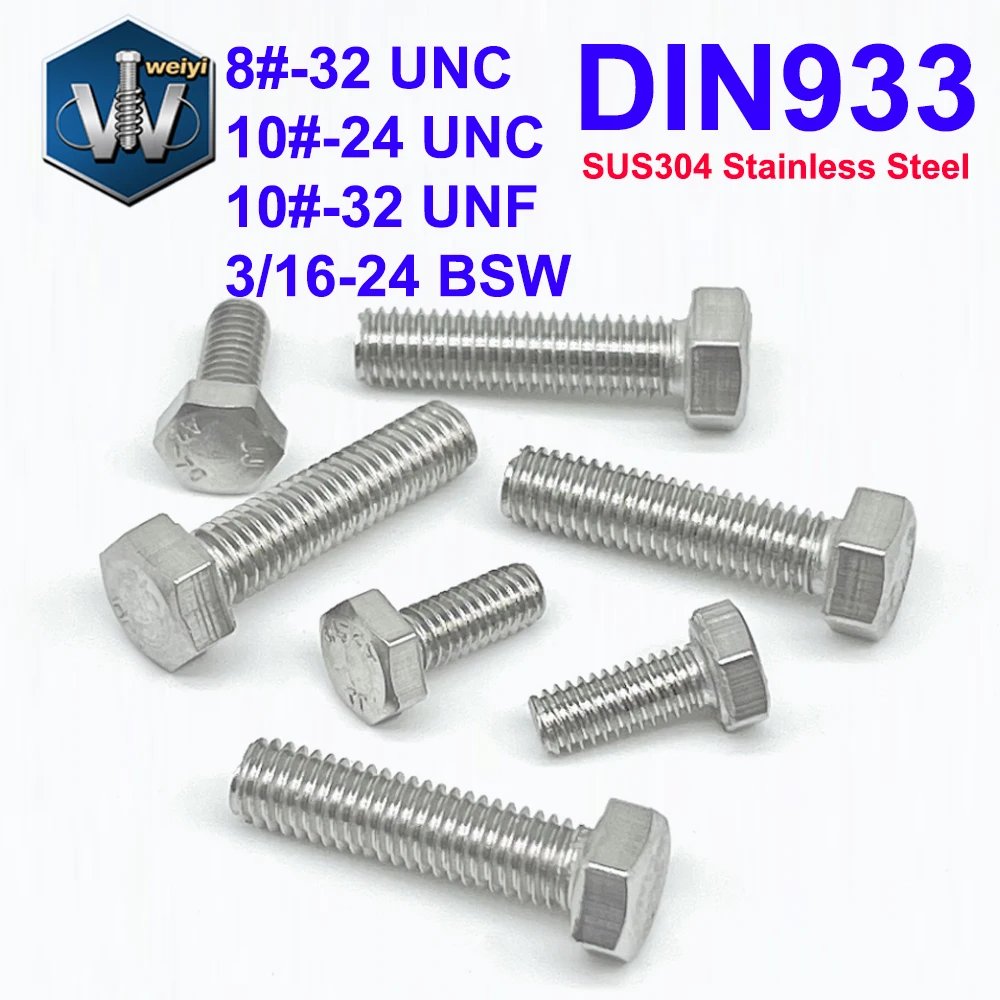 

Weiyi DIN933 Hexagon Screws 8# 10# UNC UNF 3/16-24 BSW SUS304 A2 Stainless Steel External Hexagon Bolts Full Threaded