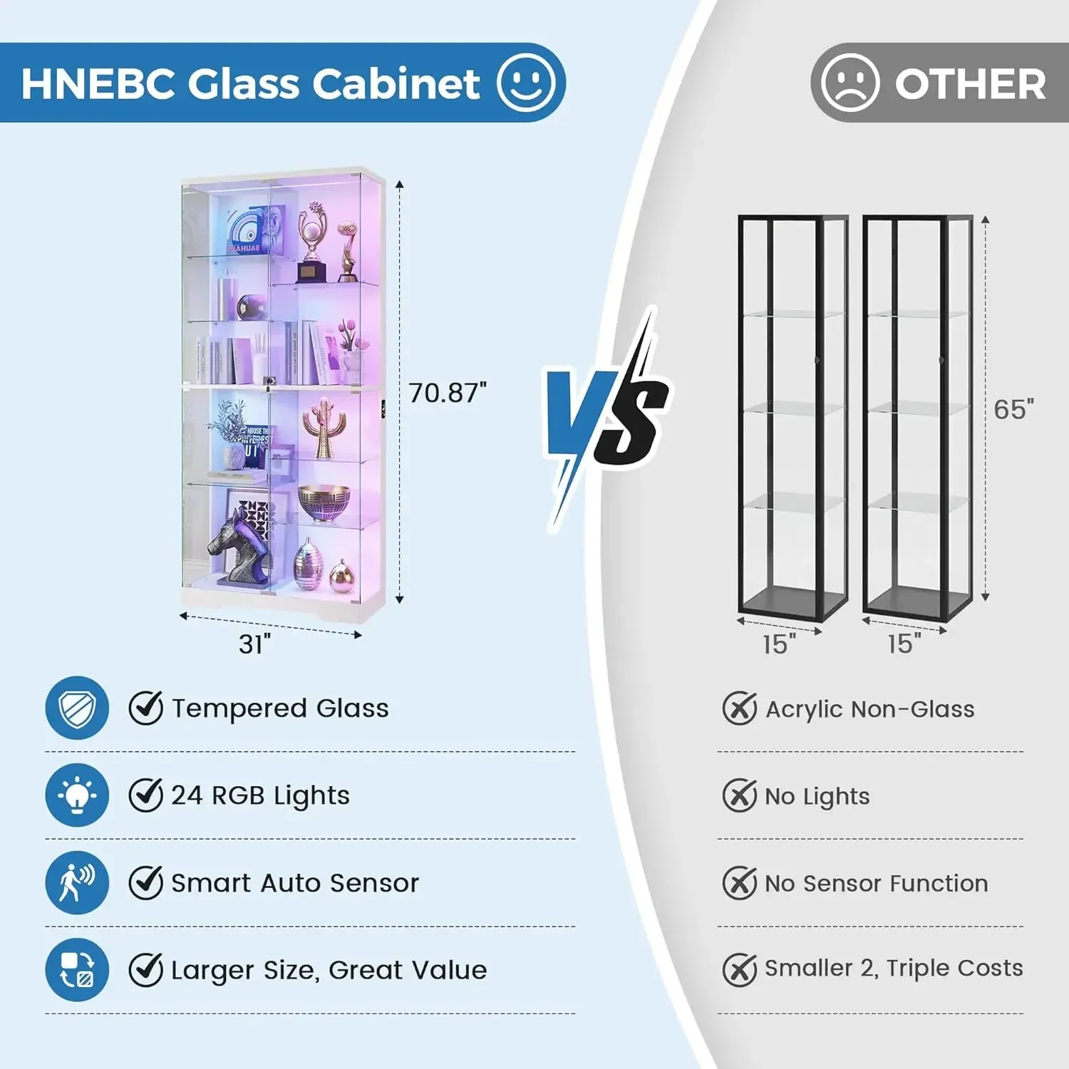 71 Inch 10 Tier White Frameless Curio Display Cabinet RGB Lights Human Body Sensor Lockable Shelf Collectibles Showcase Living R
