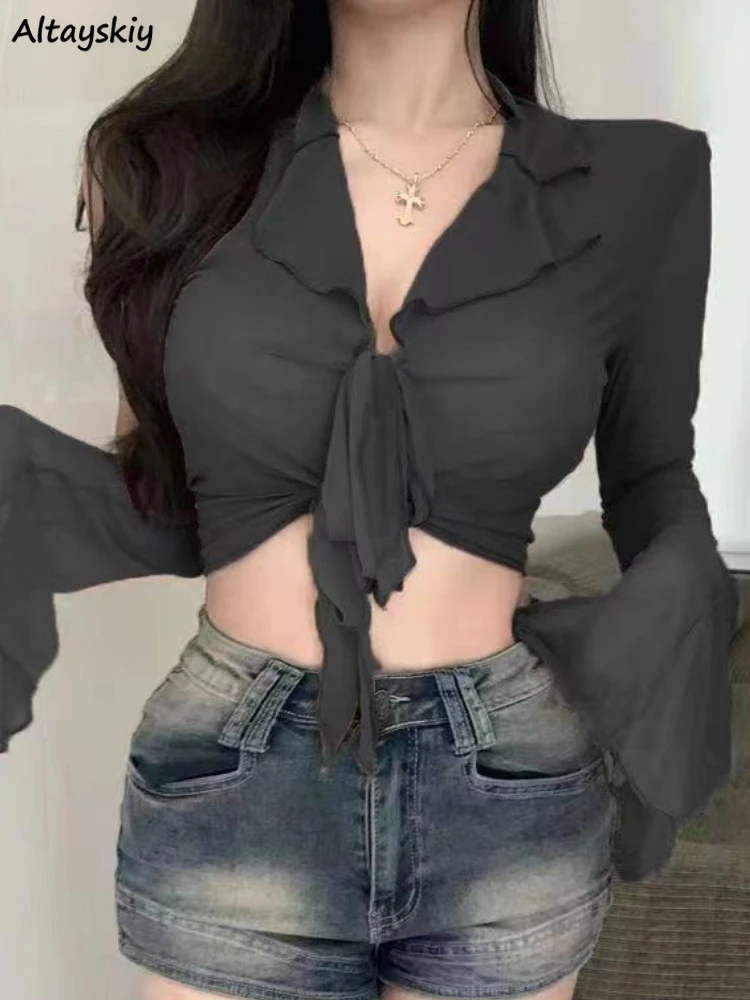 

Lace-up Blouse Women Solid Spicy Slim Fit Design Spring Crop Tops Korean Style All-match Long Sleeve Ladies Streetwear