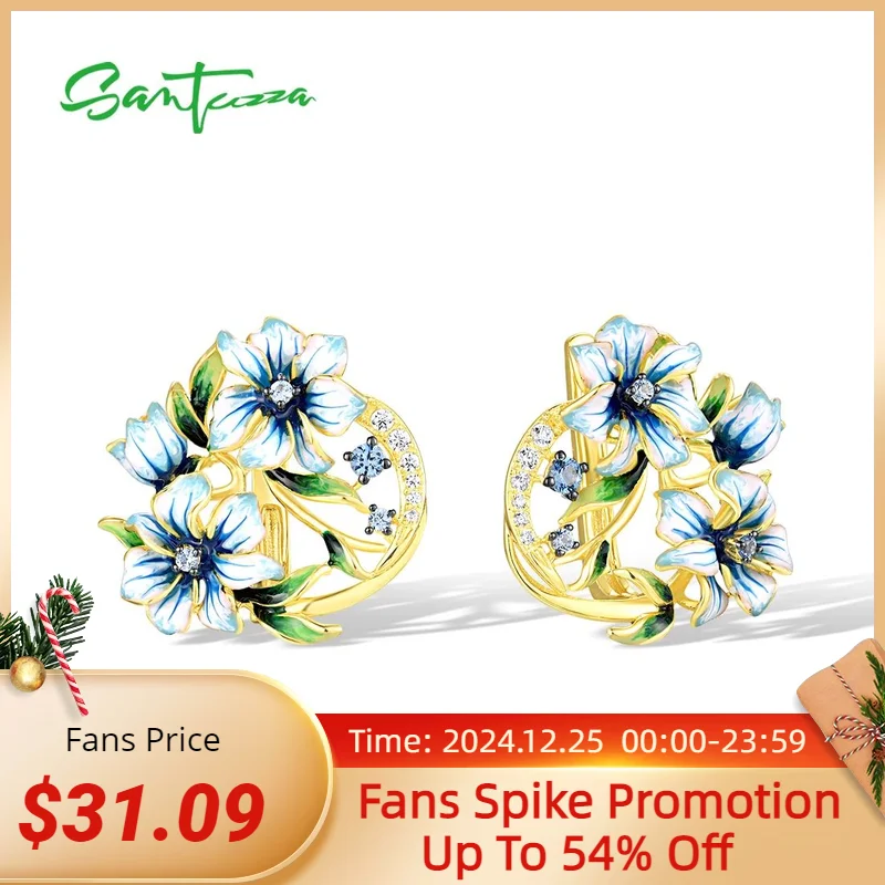 

SANTUZZA Real 925 Sterling Silver Earrings For Woman Sparkling Spinel Enamel Little Blue Flower Delicate Wedding Fine Jewelry