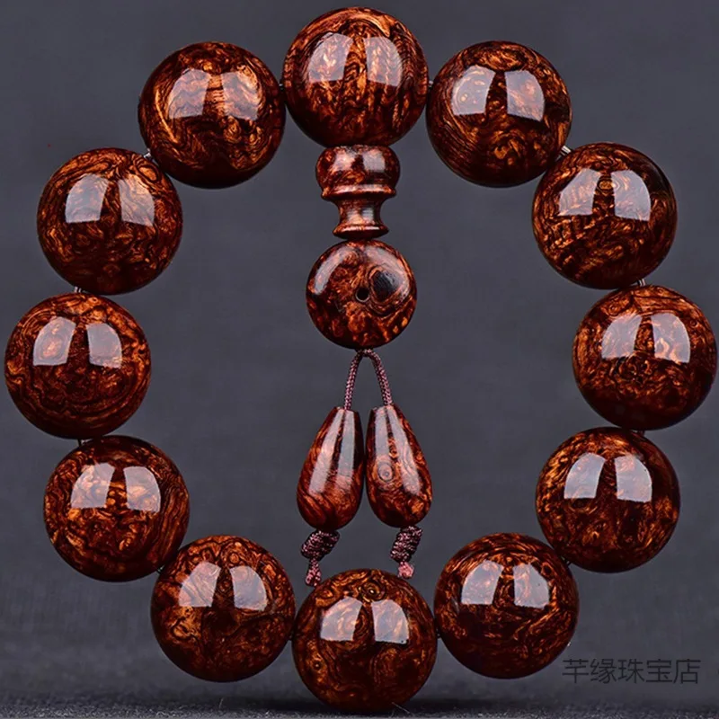 

Authentic Huanghuali Bracelet 20mm Men's Full Knot Scar Tiger Skin Smooth Grain High Oil Density Old Wood Hainan Huanghua
