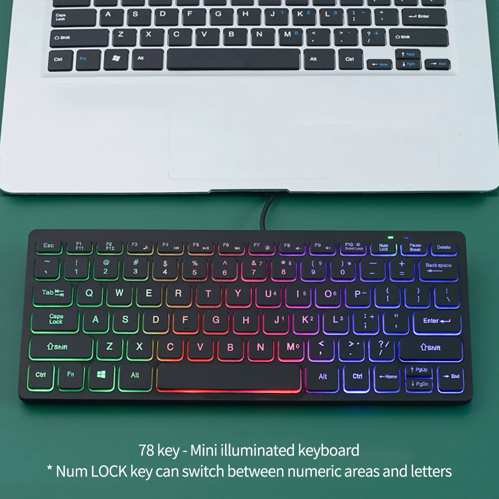 1PCS RGB Colorful Backlit 78keys Wired Keyboard Mini Small Size USB Set Home Office Universal Laptop Desktop External Keypad