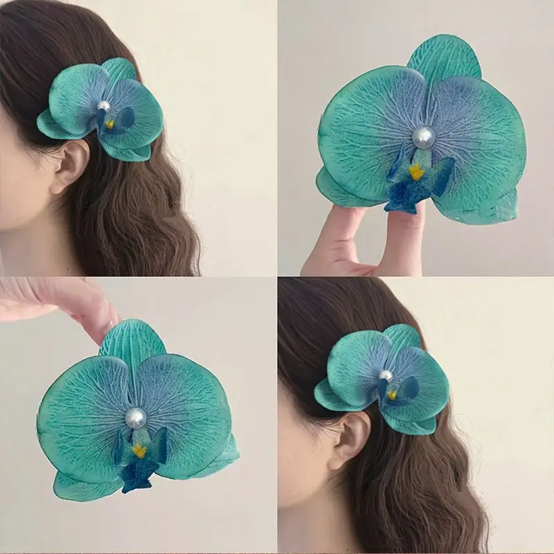 New Women Artificial Orchid Flower Pearl Hair Clips Side Clips Hairpin Beach Vacation Headwear Girls Festival Hair Accessories