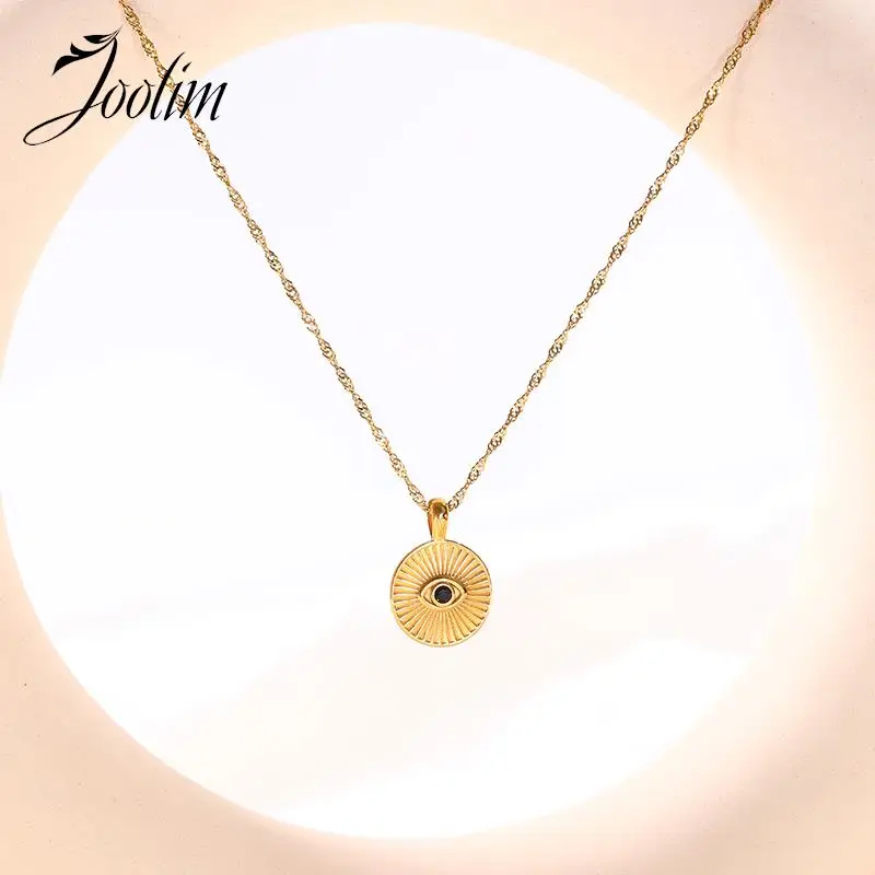 Joolim Jewelry Wholesale Non Tarnish Permanent Black Zirconia Clever Coin Eye Pendant Stainless Steel Necklace for Women