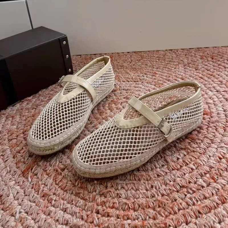 Designer Brand Original Fishing Net With Hollowed Out Fisherman's Shoes, Women's Summer Flat Weave Ballet Mary Jane Sandals