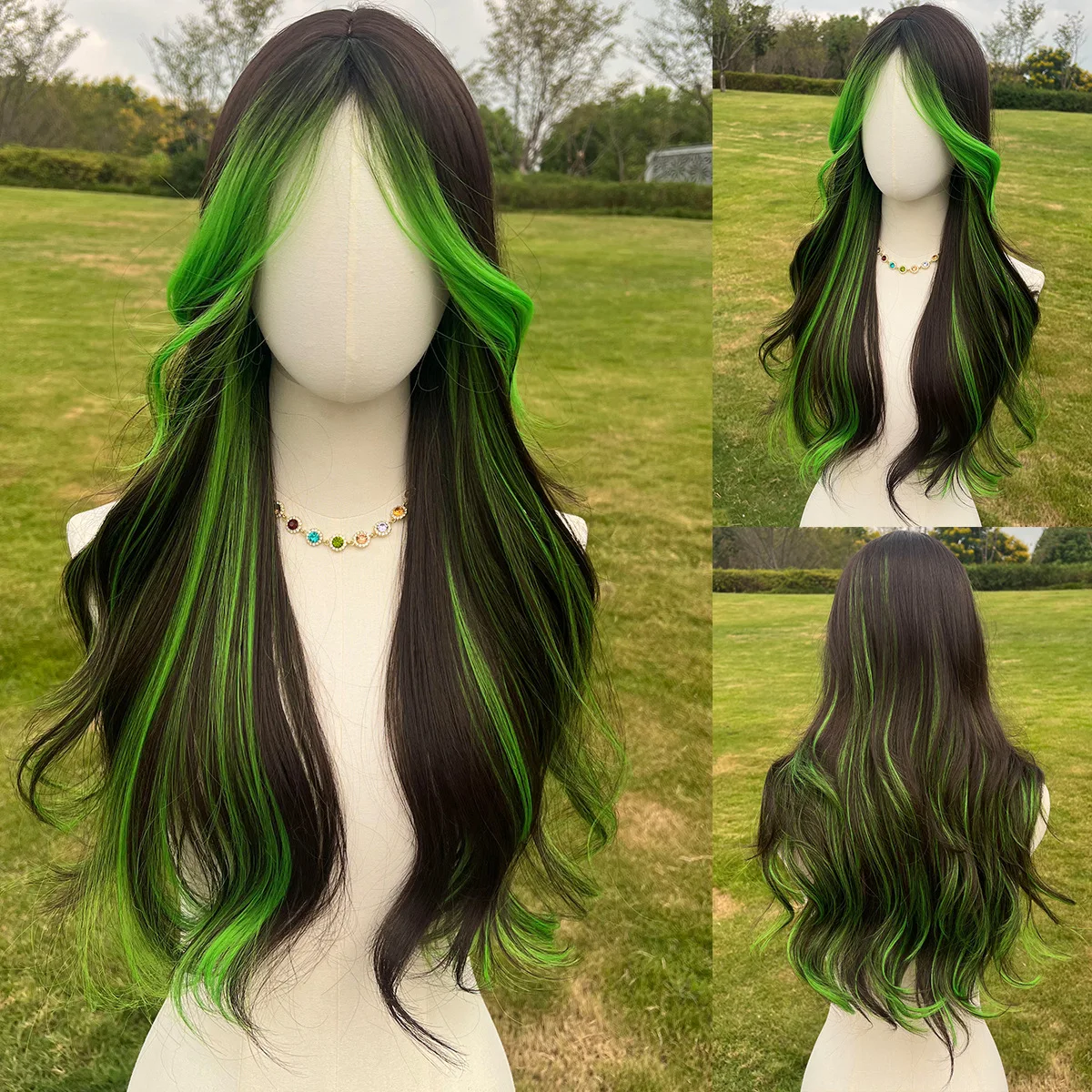 Frange populaire européenne et américaine à huit caractères, reflets verts, grandes vagues, cheveux bouclés naturels