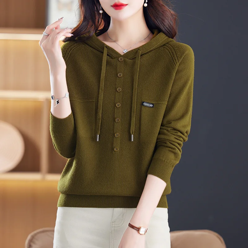 Maglione da donna a maniche lunghe con cappuccio Nuovo lavoro a maglia Abbigliamento donna Primavera Autunno Pollover Top 2025 Tira Femmes Maglieria Camicetta