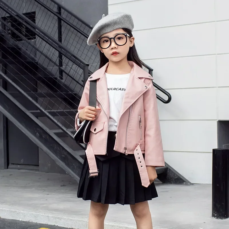 Children's Leather Jackets 2024 Spring Autumn Girls Zipper PU Leather Jacket Fashion Toddler Kids Motor Coat XMP13