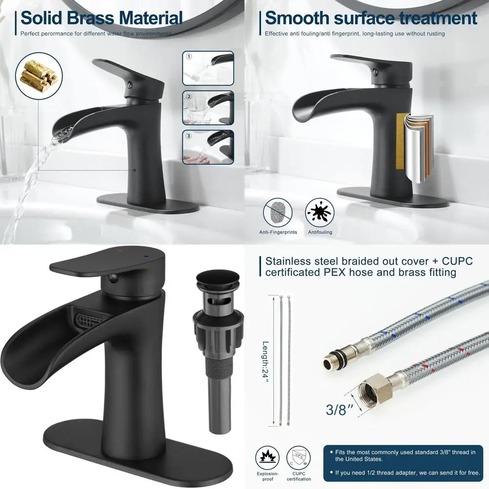 

Matte Black Modern Single Handle Faucet for 1 or 3 Hole Sinks with Deck and Pop-Up Drain