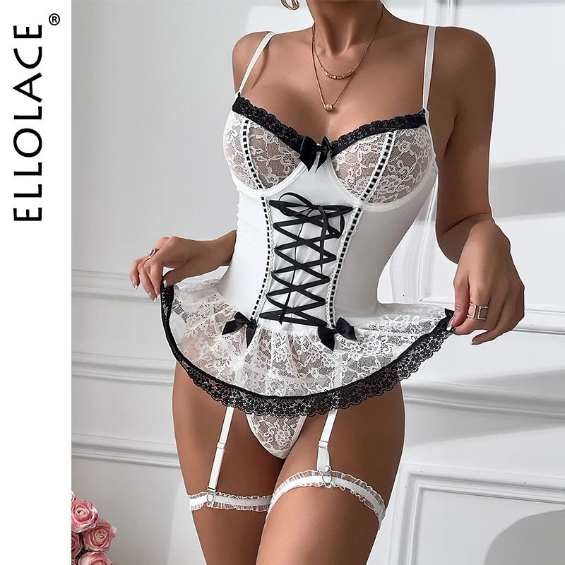 Ellolace Shapewear Lingerie Thongs Lace Hemline Suckers Erotic Costumes For Women Elegant 2-Piece Sets Sexy Girl Seamless Outfit