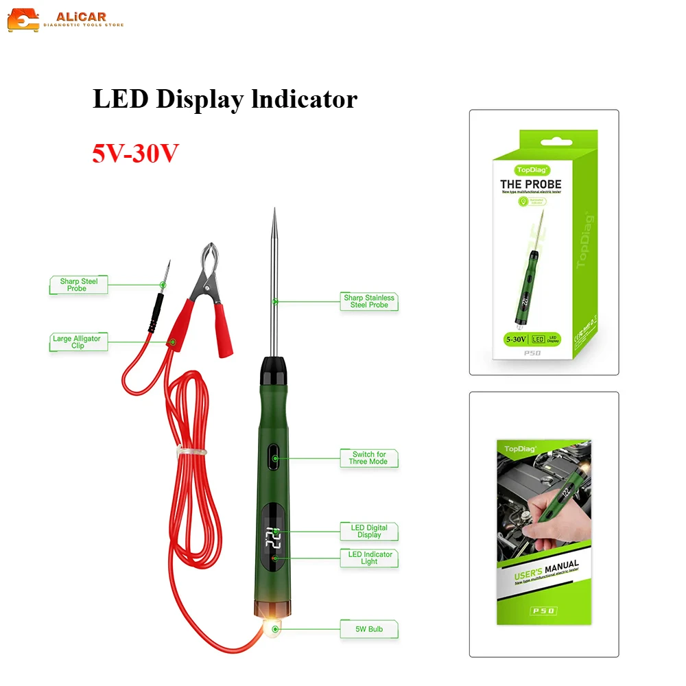 

Автомобильный тестер электрических цепей, датчик мощности 5 В-30 В, цифровой дисплей, автомобильный тестер цепей, лампа JDiag P50, ручка для проверки напряжения