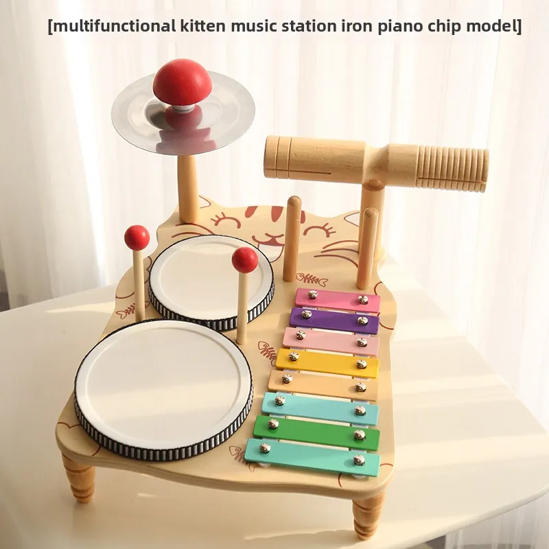 Gatinho estação de música piano versão instrumentos de percussão de madeira brinquedos conjunto tambor musical kit música de madeira bebê sensorial crianças tambor