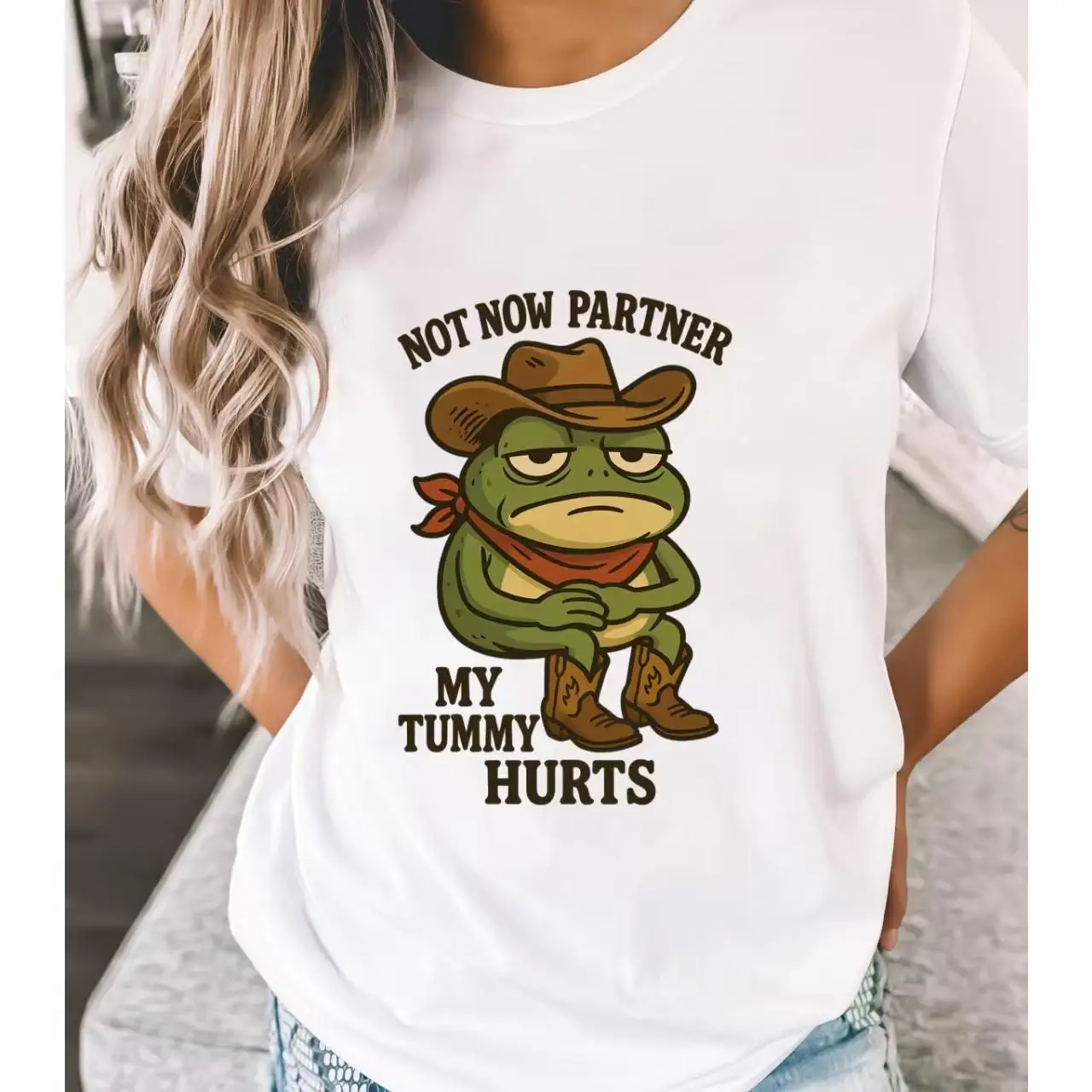 

Funny Cowboy Frog T-Shirt for Women, "Not Now Partner My Tummy Hurts" Graphic Tee, Sarcastic Casual Streetwear Top