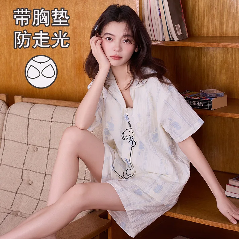 

2026 New Korean Sweet Women's Pajamas Set Summer Short Sleeve Open Shirt Shorts Loungewear with Chest Pad pyjama pour femme
