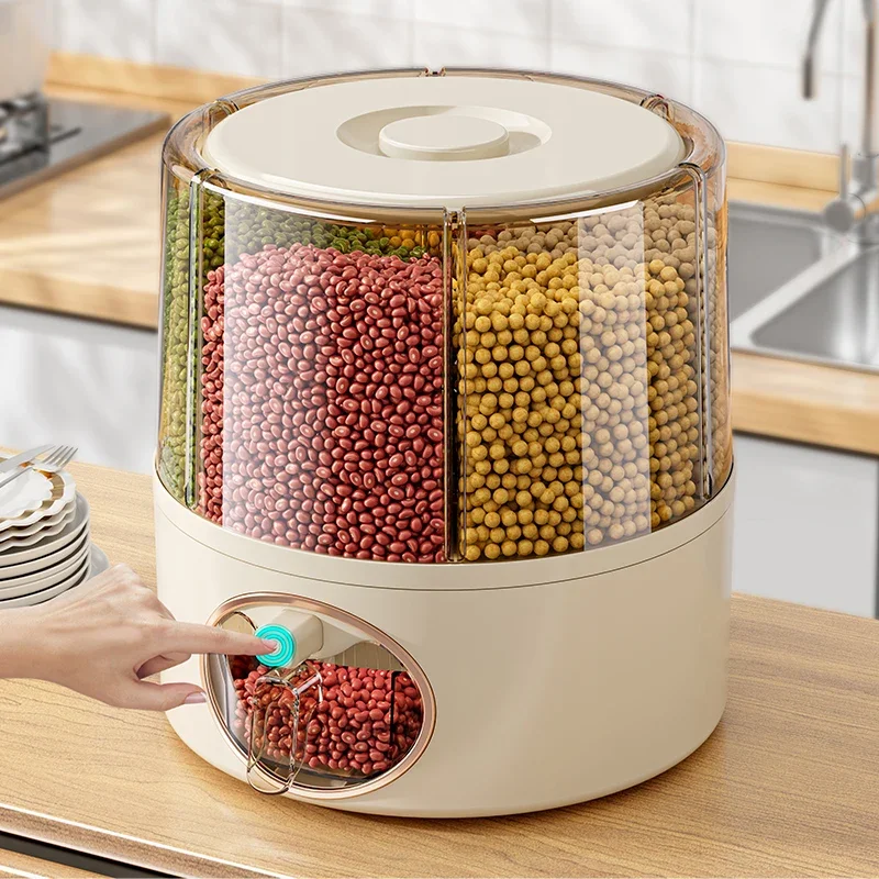 Home and Kitchen Clear Organization Plastic 6-Grid Dry Food Storage Containers 360° Rotating Rice Barrel Cereal Grain