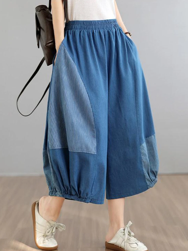 

Ethnic Style Artistic Patchwork Striped Calf-length Jeans 2026 New Women Summer Loose Versatile Elastic Waist Wide Leg Pants