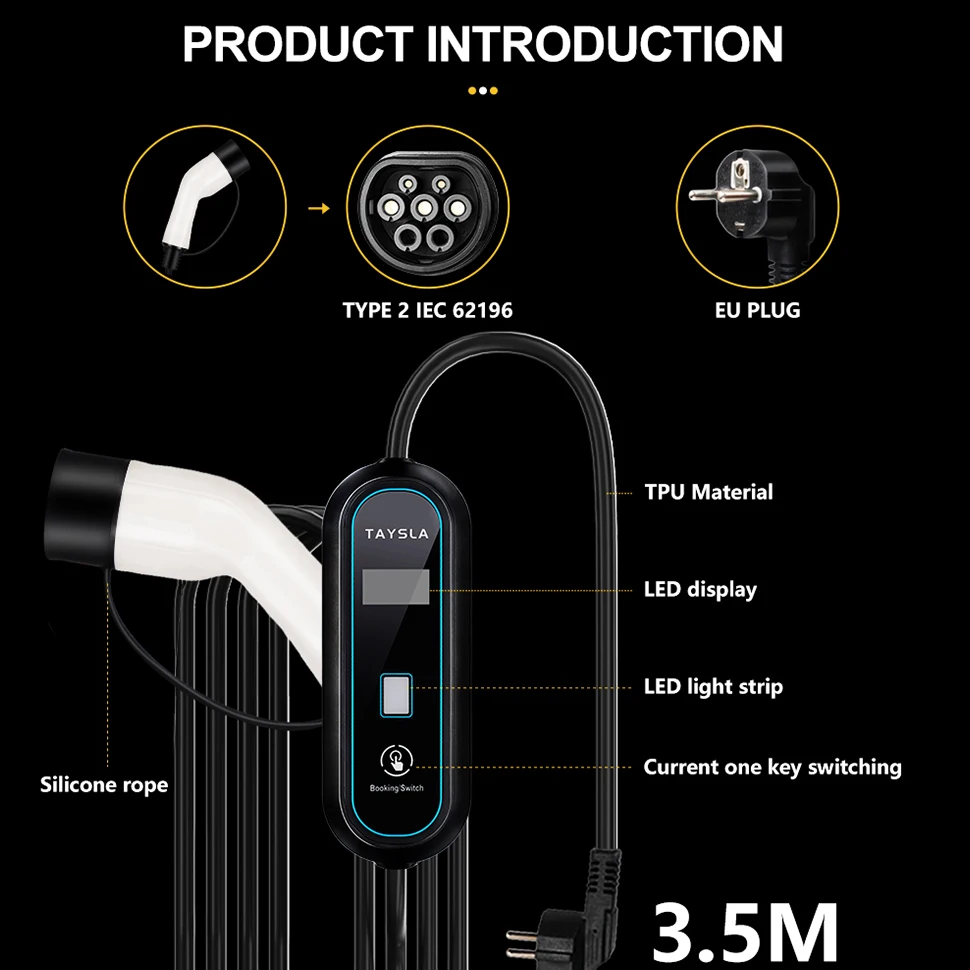 TAYSLA 3.5KW Portable Electric Car Charger Type 2 EV Charger GBT Charger Type 1 J1772 for Tesla ID.4 Nissan Leaf Kona BYD e-tron