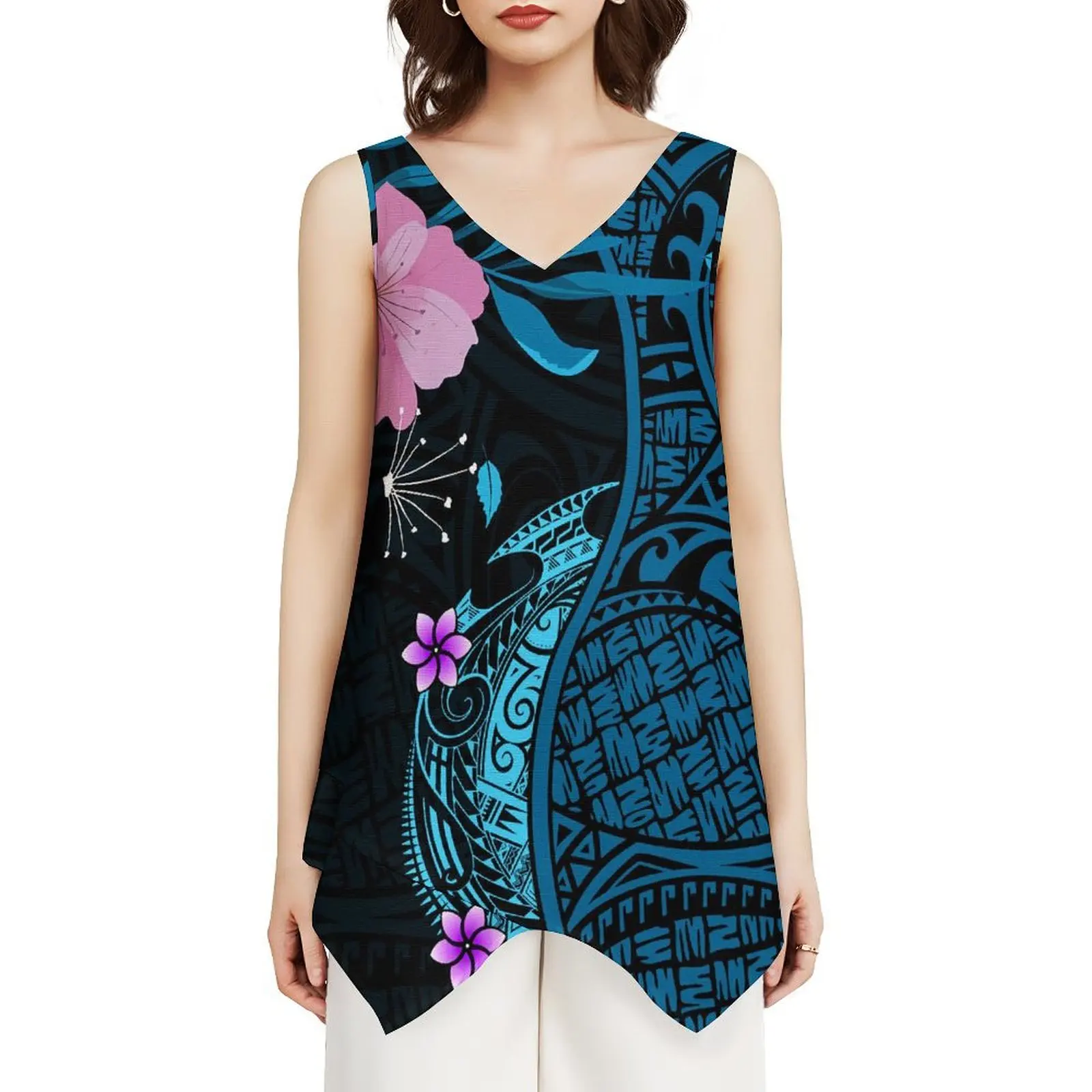 Sleeveless Head V-Neck Vest For Women Fashion Ladies Polynesian Women Home Work Clothing Custom Irregular Hem Design