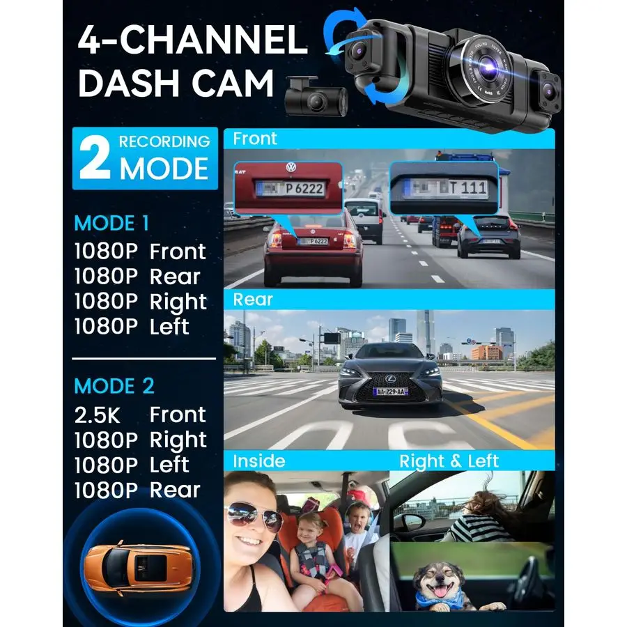 N5 4 قنوات Dash Cam 360 View، 1080P أمامي وخلفي، كاميرا داش يسار يمين للسيارات، 8 مصابيح IR للرؤية الليلية، 5G WiFi a