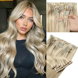 Invisible Clip In Hair Extensions Human Hair 12-24inch Blonde Brown Injected Seamless PU Weft Clip on Hair Extensions 7Pcs/set