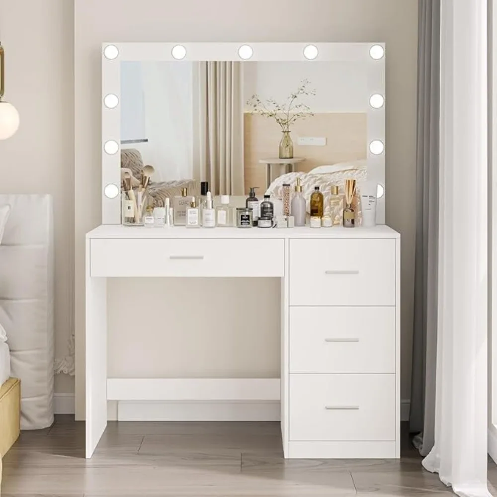 Makeup Table with Large Mirror and 11 LED Lights, Adjustable Brightness, Dressing Table Desk with 4 Drawers Bedroom Furniture