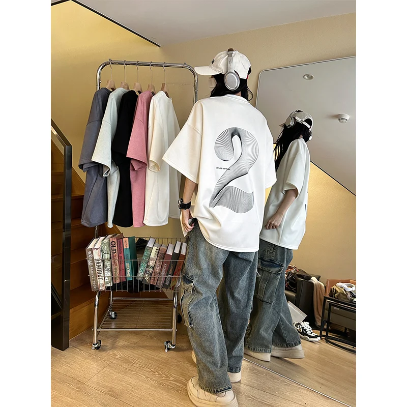 2024 new design line number 2 printed t-shirt men American retro imitation suede short-sleeved oversize neckline couple y2k top