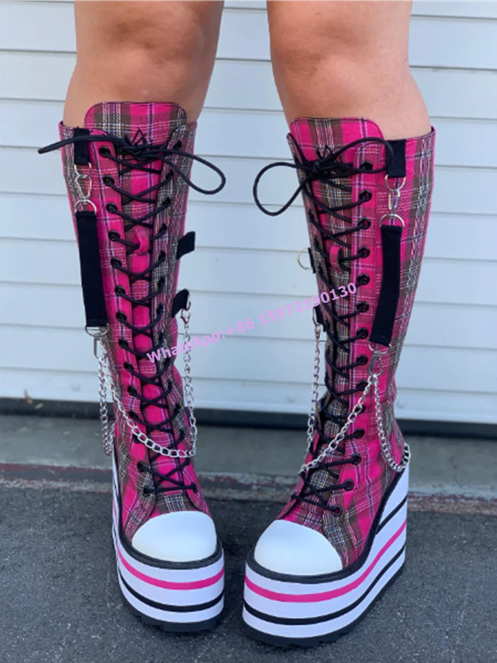 Red Pink Checkered Knee High Boots Metal Chain Round Toe Wedges Platform Cross Tied Back Zipper Shoes Women's Lovely Sexy Boots