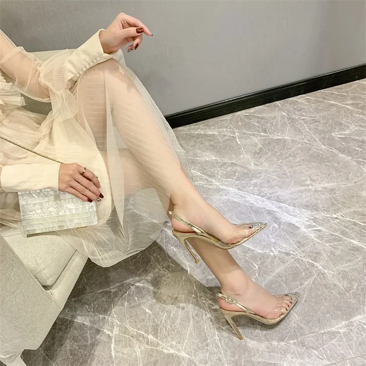 Transparent rhinestone with sandals, new high heels, women's slim heels, crystal shoes, design sense, niche, pointed toe