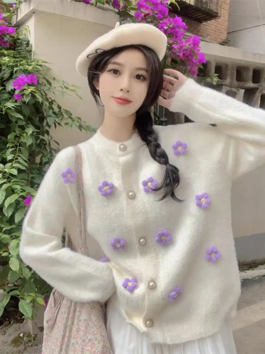

3D Flowers Outerwear Knitted Sweater Women Cardigan Long Sleeve Imitation Mink Fur Sweet Girls Coats Autumn Winter 2025 New