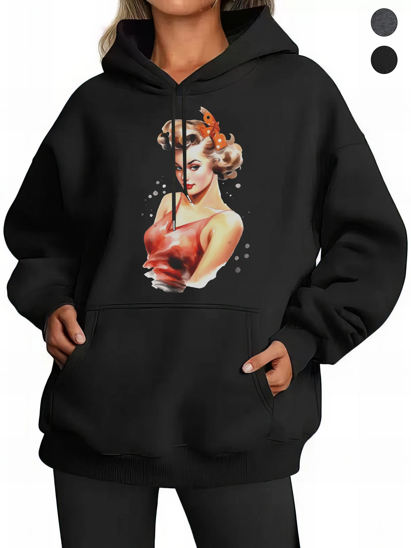 Retro Pin Up Girl Retro Pop Schwarz Grau Hoodies Bequeme Damen Baumwolle für Herbst/Winter Halloween Komfort