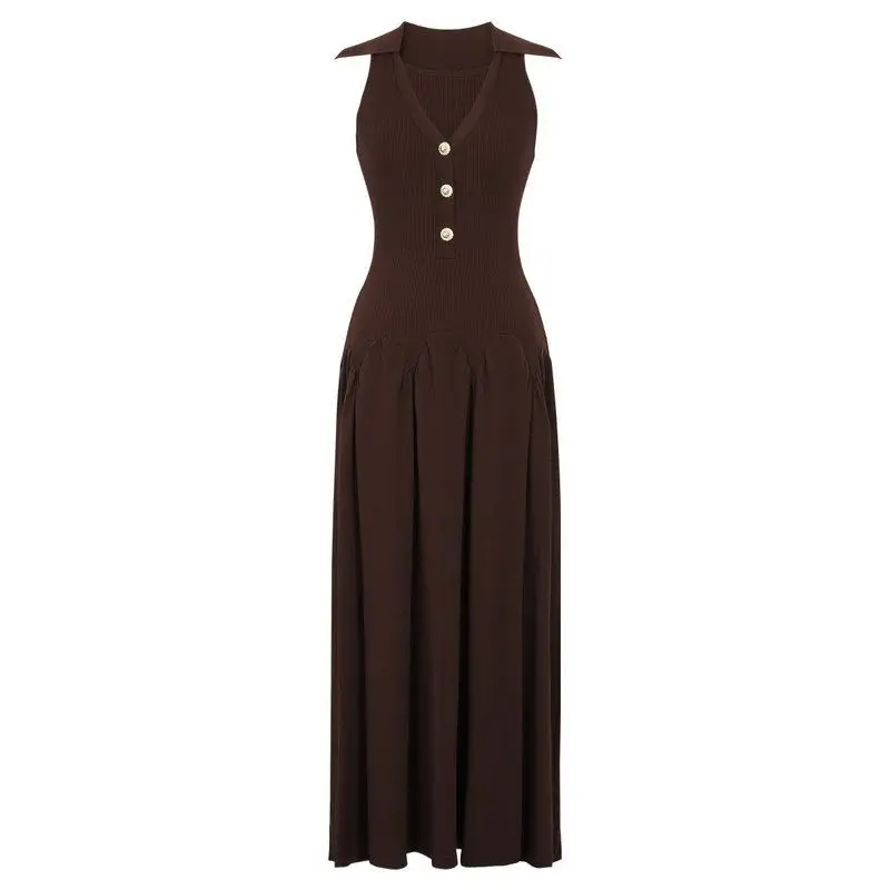 

Summer New Style Sleeveless Slim Long Knitted Dress V-neck Elegant Lady Long Skirt Citywalk Zipper Closure mid Waist Design
